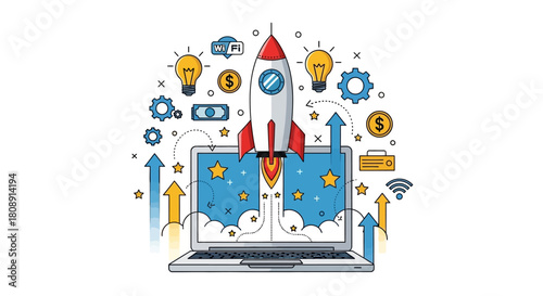 Rocket launching from laptop screen for business startup and growth