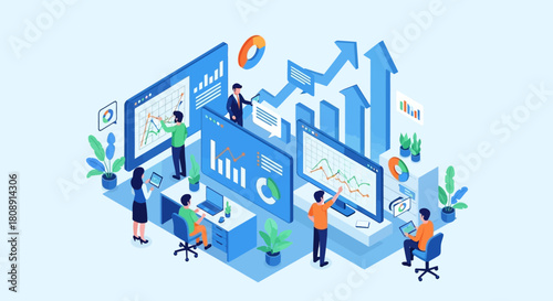 Isometric business intelligence and data analysis with people working
