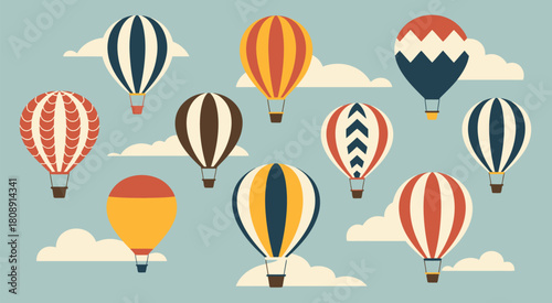 Hot air balloons vibrant flat design illustration with colorful patterns for fiesta theme