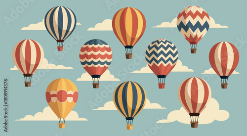 Hot air balloons vibrant flat design with diverse colorful patterns for fiesta artwork