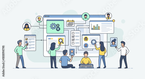 Team collaborating on software development and user interface design project