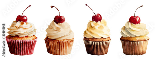 Watercolor cupcakes with cherries. Small cupcakes decorated with cream topping and caramelized cherries. Retro cupcakes with cherries. Vintage desserts with cream and berries