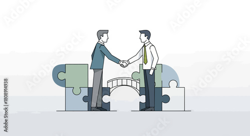 Businessmen shaking hands over puzzle bridge, partnership concept, isolated on