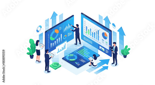 Business team analyzing data and financial analytics on screens, isolated