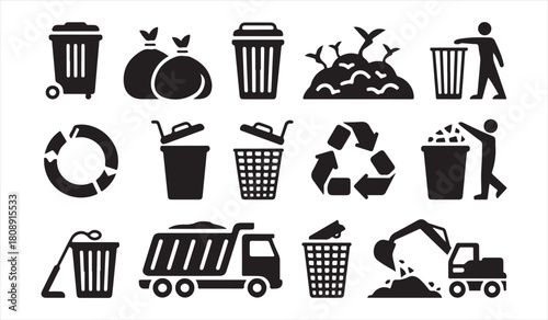 Garbage Trucks, Trash Bins, and Recycling Symbols Collection for Environmental Graphics