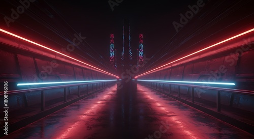 Fototapeta Naklejka Na Ścianę i Meble -  Futuristic tunnel bathed in red and blue neon light, leading into the darkness