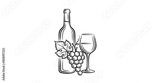 Elegant sketch of a wine bottle, full glass, and ripe grapes, evoking sophistication and taste.