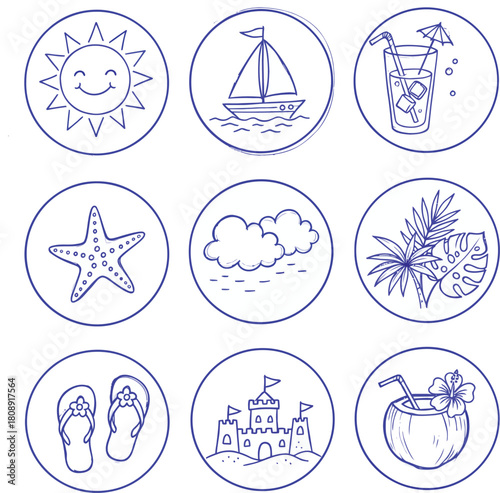 Cheerful summer doodles evoke a joyful, carefree beach vacation vibe and sunny days with tropical elements