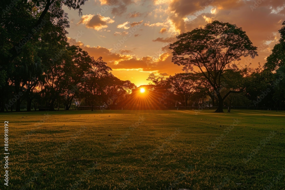 Naklejka premium Golden sunset creating starburst effect over trees and green meadow