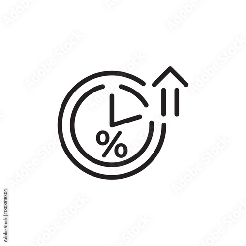 Uptime guarantee icon. Features a clock with a percentage and an upward arrow. Represents Service Level Agreements (SLA), system availability, high performance, reliability, and operational commitment