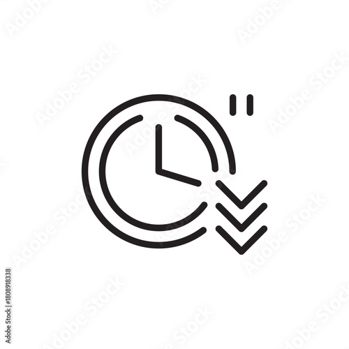 System downtime icon. Features a clock with a downward arrow. Represents operational failure, maintenance period, service interruption, system delay, and reduced efficiency in industrial or IT.
