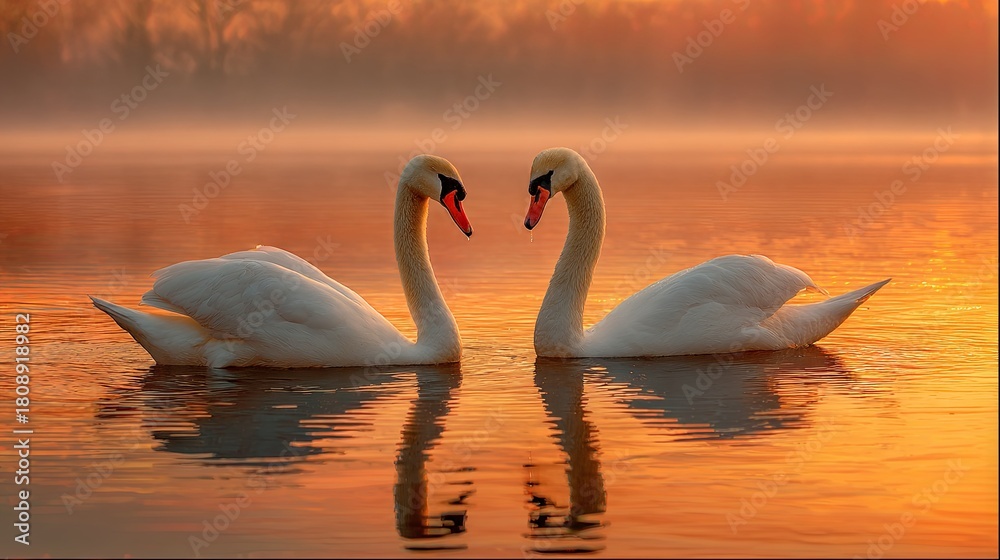 Fototapeta premium A pair of beautiful swans swimming in a lake at sunset