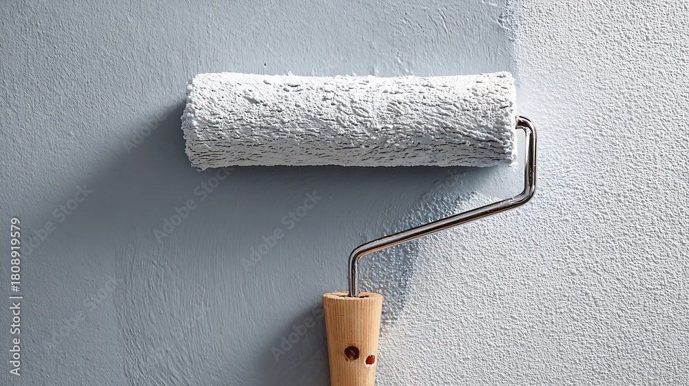 Obraz premium Painting Wall with Roller Using White Color Showing Renovation Process