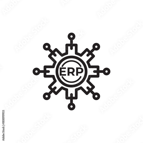 Enterprise Resource Planning (ERP) icon. Features a central gear hub labeled ERP with network connections. Represents system integration, business management, data centralization, process optimization