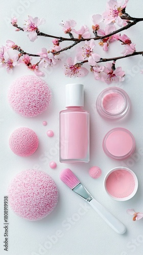 A flat lay composition of pink cosmetic items including a nail polish bottle, cream jars, powder, and applicators, artfully arranged with delicate pink cherry b
