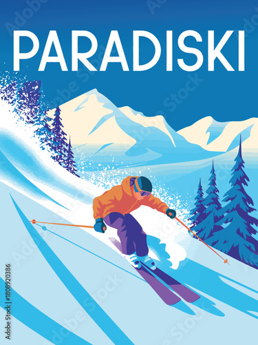 Paradiski ski travel poster vintage Art Deco mountain illustration