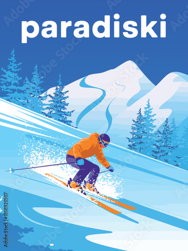 Paradiski ski travel poster handmade drawing vector illustration in Art Deco style