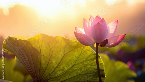 A delicate pink lotus flower opens its petals to the warm light of dawn, with a large, textured green leaf positioned to its left.