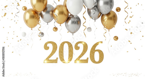 Happy New Year 2026 Gold Glitter Text and Balloons Isolated Cutout Transparent PNG