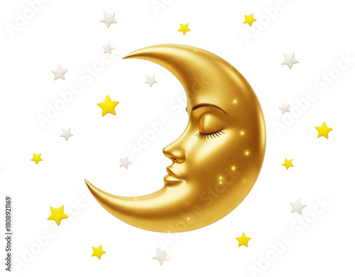 Golden Crescent Sleeping Moon and Scattered Stars Isolated Cutout Transparent PNG
