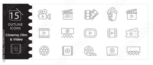 Cinema, Film Icon Set,Vintage Movie Reel, Camera, Filmstrip Vector Collection, Movie Production Vector Pack . Camera, Reel, Screen.Cinematography Symbols, Retro Film & Media Icons, Editable Stroke