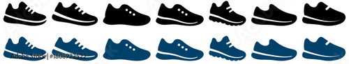 Shoe icons set with simple sport footwear silhouettes. Sport shoe icon set. Running shoe graphic pack. Fitness footwear icon group. Sneaker outline and solid set. shoes, sneaker, vector, icon