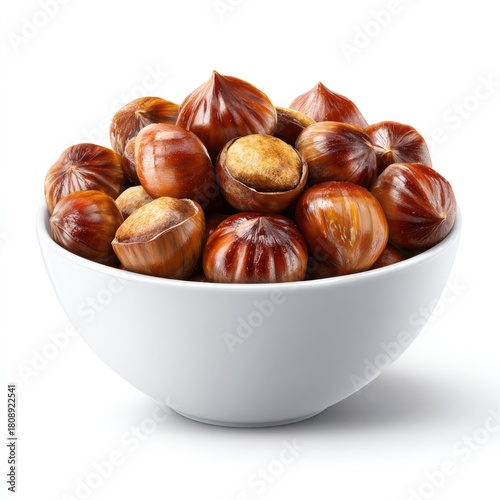 Roasted chestnuts in bowl isolated on white background for seasonal autumn design and culinary themes