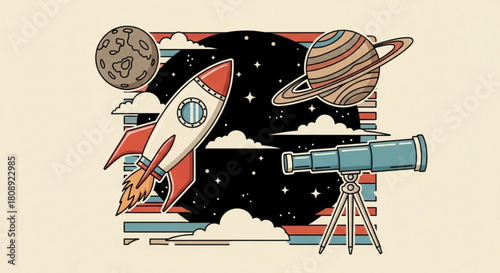 Cartoon space exploration with rocket ship saturn moon telescope and stars vector illustration design art