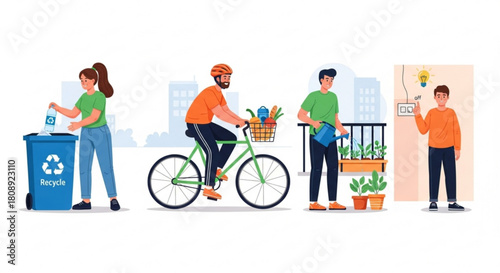 Sustainable living practices recycling biking gardening saving energy eco friendly lifestyle tips