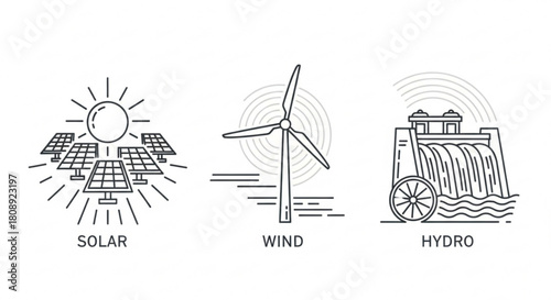 Renewable energy sources solar wind hydro power generation sustainable clean energy illustration vector