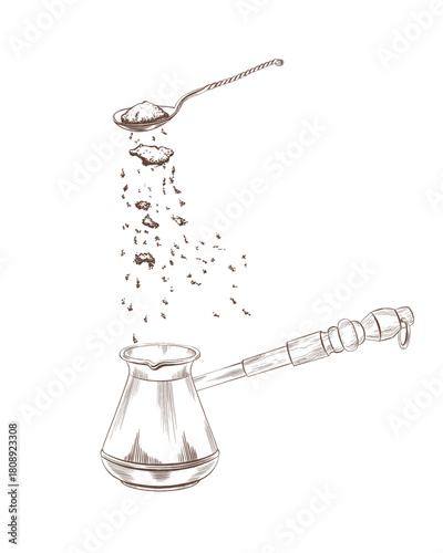 Metal teaspoon with twisted graceful handle with flying sprinkles of ground coffee as a piece of kitchen utensils and a symbol of coffee drinking.Vector illustration in minimalistic line art style