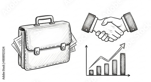Business deal briefcase handshake and growth chart vector illustration for success concept design
