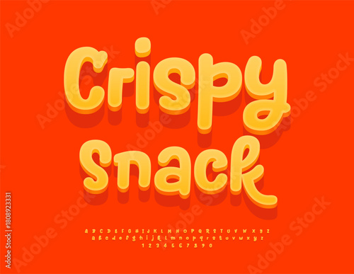 Vector Bright logo Crispy Snack with Handwritten Yellow Font. 3D Artistic Alphabet Letters and Numbers set