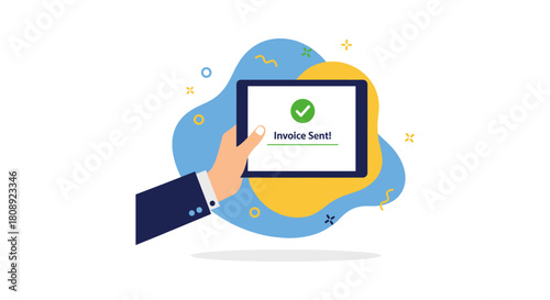 A hand holding a digital tablet displays an invoice sent confirmation, symbolizing successful online financial transactions and business.
