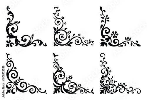 Set of six ornate floral corner design elements for decorative frames and borders.