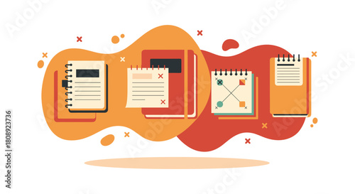 An illustrated collection of notebooks and notepads, perfect for planning, sketching, or jotting down ideas, with a vibrant, eye-catching design.