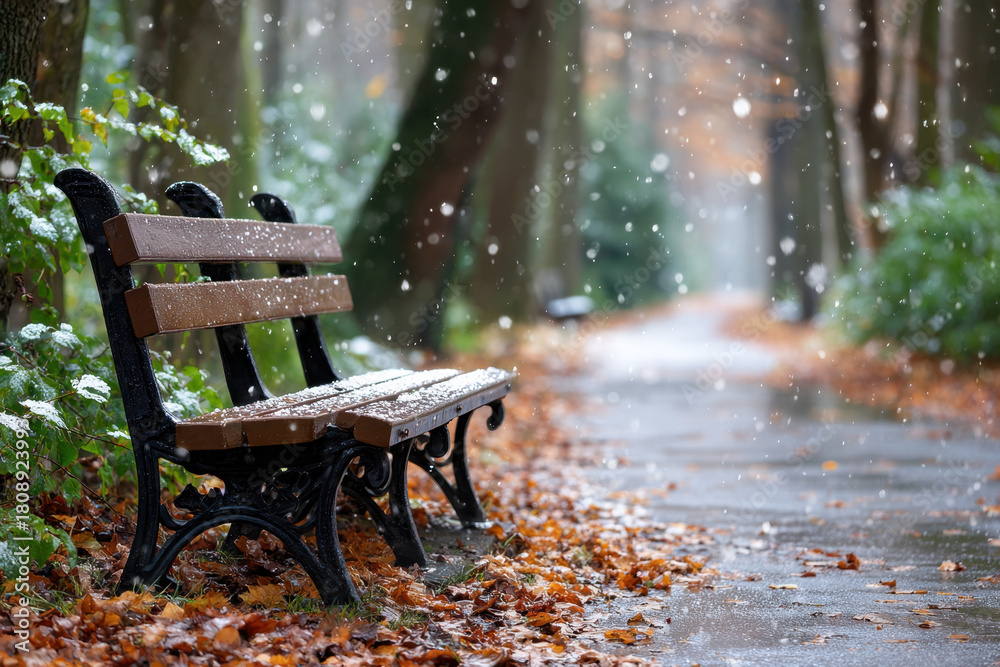 Naklejka premium Empty park bench during a light snowfall