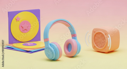 Pastel music accessories headphones speaker and vinyl records for listening enjoyment and relaxation time 3d render