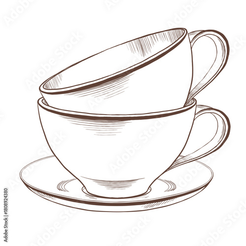 Stack of white porcelain or ceramic tea cups and saucers as part of a table setting. Hand drawn vector illustration in minimalistic style for decoration of cafe,menu,packaging