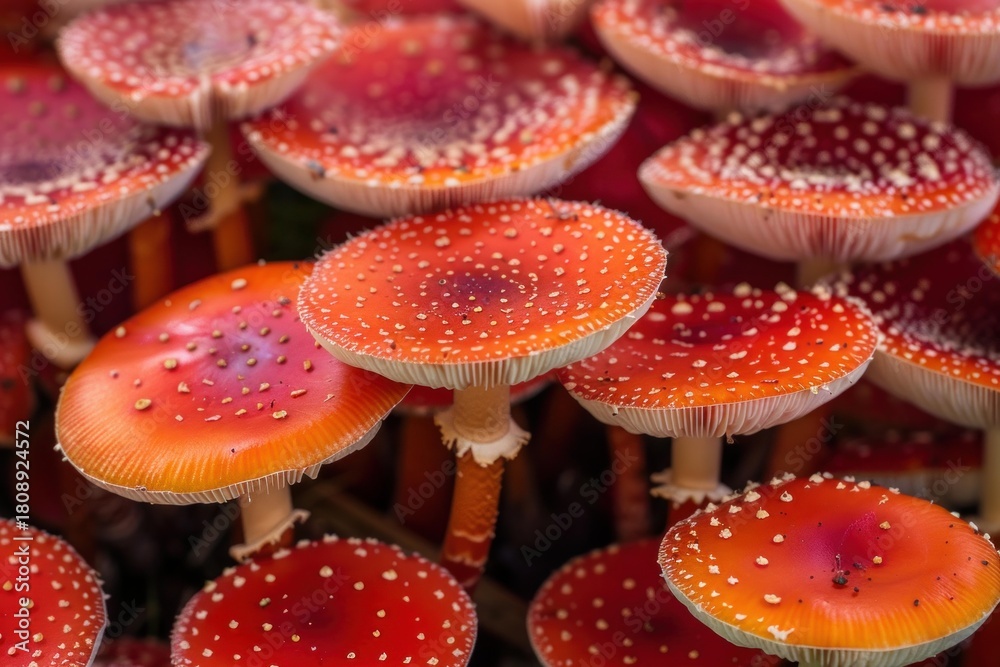 Fototapeta premium Vibrant red and orange fly agaric mushrooms with distinctive white spots create a captivating scene in a natural forest setting