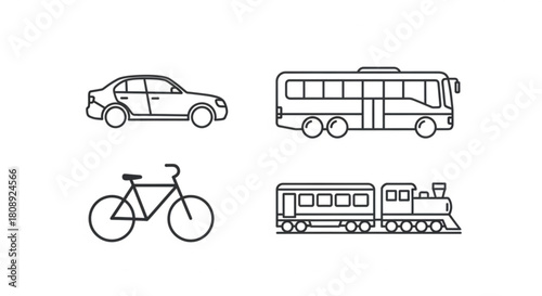 Transportation vector icons set car bus bicycle and train public transport vehicle outline graphic design 100px