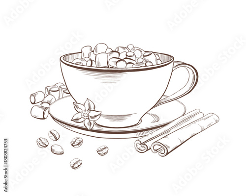 Classic wide porcelain cup with elegant handle,saucer,featuring Americano coffee,marshmallow,cinnamon,vanilla as a symbol of winter cozy,Christmas spirit for coffee lovers.Vector clipart in line