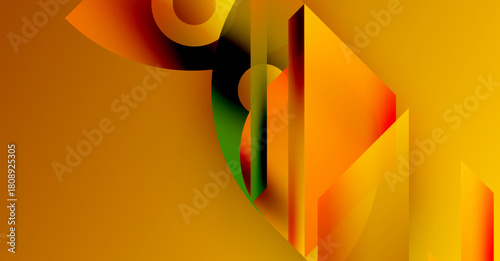 Abstract composition. Geometric shapes overlap, creating vibrant color gradients. Warm tones dominate, with hints of green, red. Modern design.