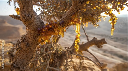 Golden Gum Resin on Tree Branches, Glistening Botanical Secretion, in Arid Canyon Landscape at Sunset, Closeup View, copy space.