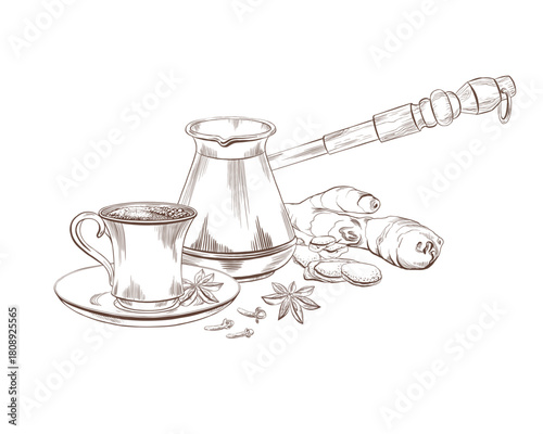Eastern classic coffee pot and small coffee cup on a saucer with anise, cloves, and ginger as a symbol of oriental ceremonies,hospitality.Vector minimalistic line art for menu design,packaging