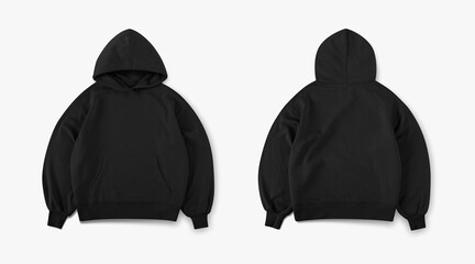black hoodie oversized, hoodie photo for mockup front and back view isolated on white background, black hoodie mockup
