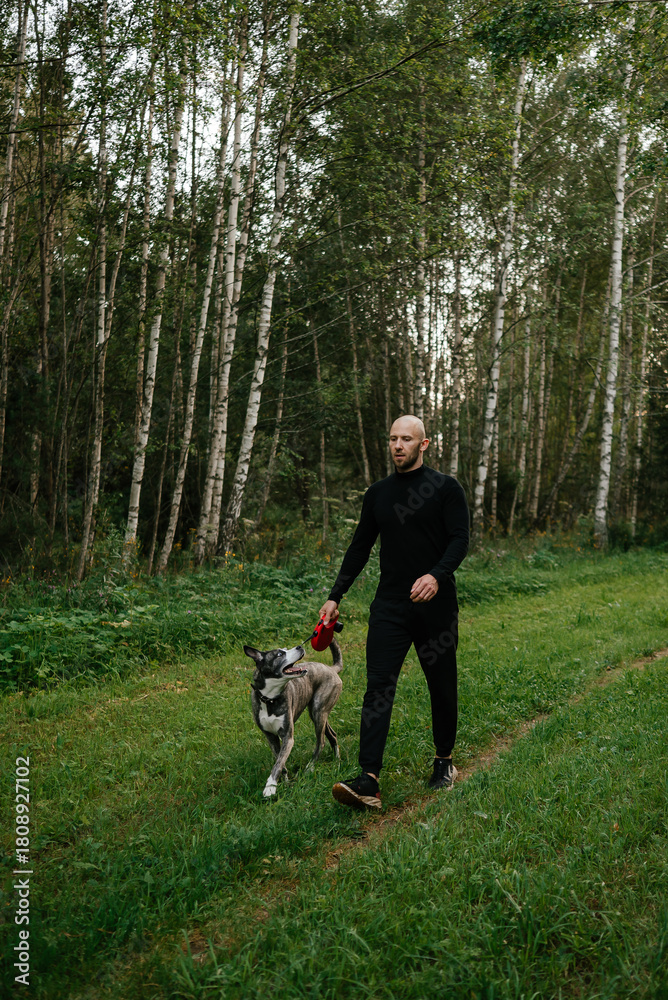 Fototapeta premium Man Walking Dog in Forest Path