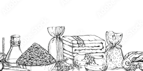 Dried lavandula seeds, lavender essential oil, handmade beauty products, sachet bags towels. Isolated seamless banner illustration hand drawn in vector ink. Home textiles, wrapping paper, DIY crafts