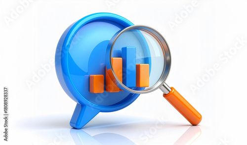 3d render of glossy blue magnifying glass examining bar chart graph, data analysis and statistics research concept