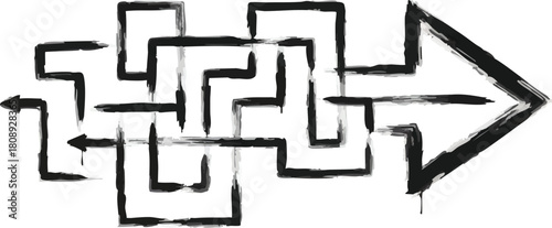 Abstract graffiti style maze arrow black and white grunge illustration isolated design
